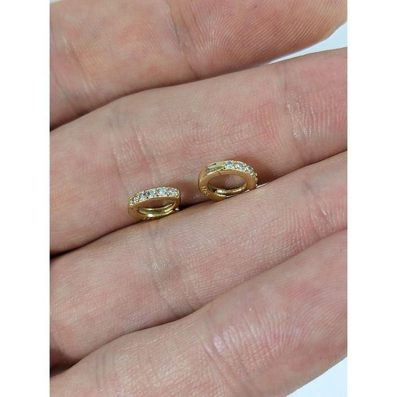 Small White CZ Stone 925 Sterling Silver With Gold Tone Finish Huggies Earrings - Picture 4 of 8